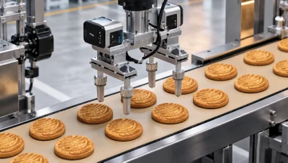 Robotic arms placing biscuits on a production line